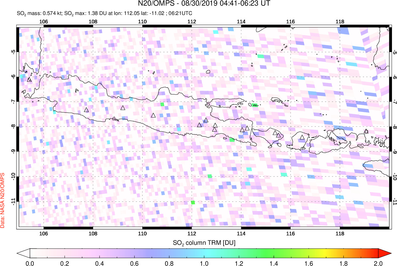 A sulfur dioxide image over Java, Indonesia on Aug 30, 2019.