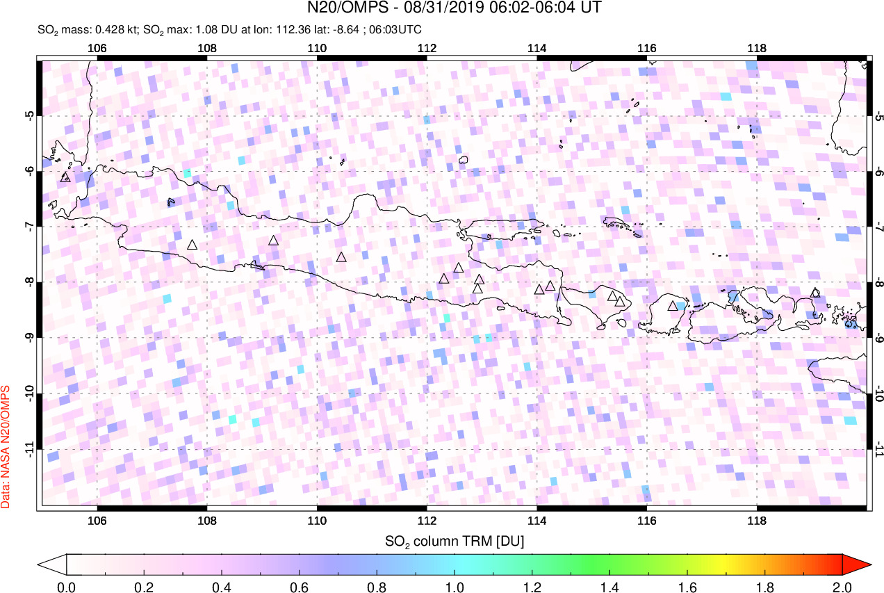 A sulfur dioxide image over Java, Indonesia on Aug 31, 2019.