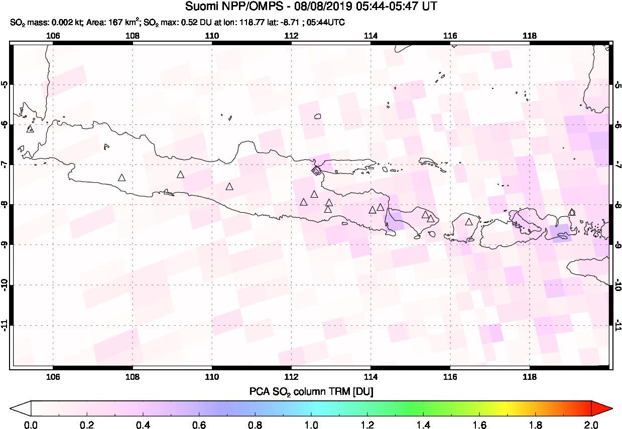 A sulfur dioxide image over Java, Indonesia on Aug 08, 2019.
