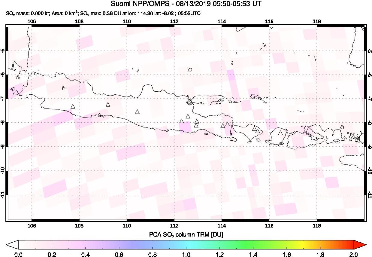 A sulfur dioxide image over Java, Indonesia on Aug 13, 2019.