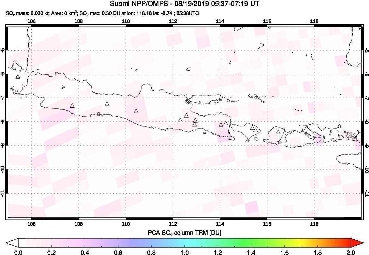 A sulfur dioxide image over Java, Indonesia on Aug 19, 2019.
