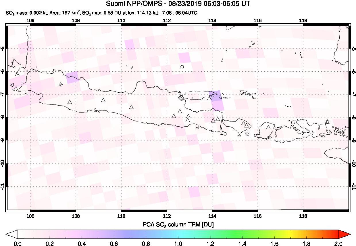A sulfur dioxide image over Java, Indonesia on Aug 23, 2019.
