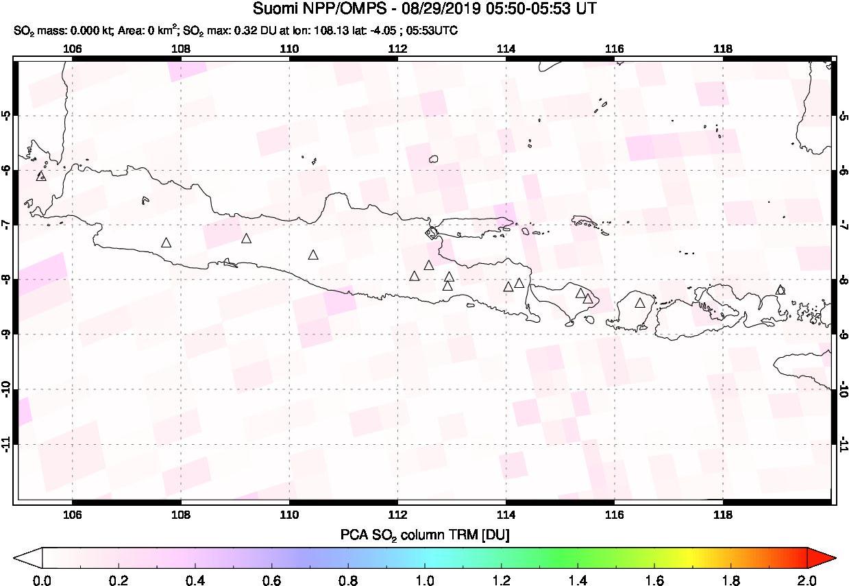 A sulfur dioxide image over Java, Indonesia on Aug 29, 2019.