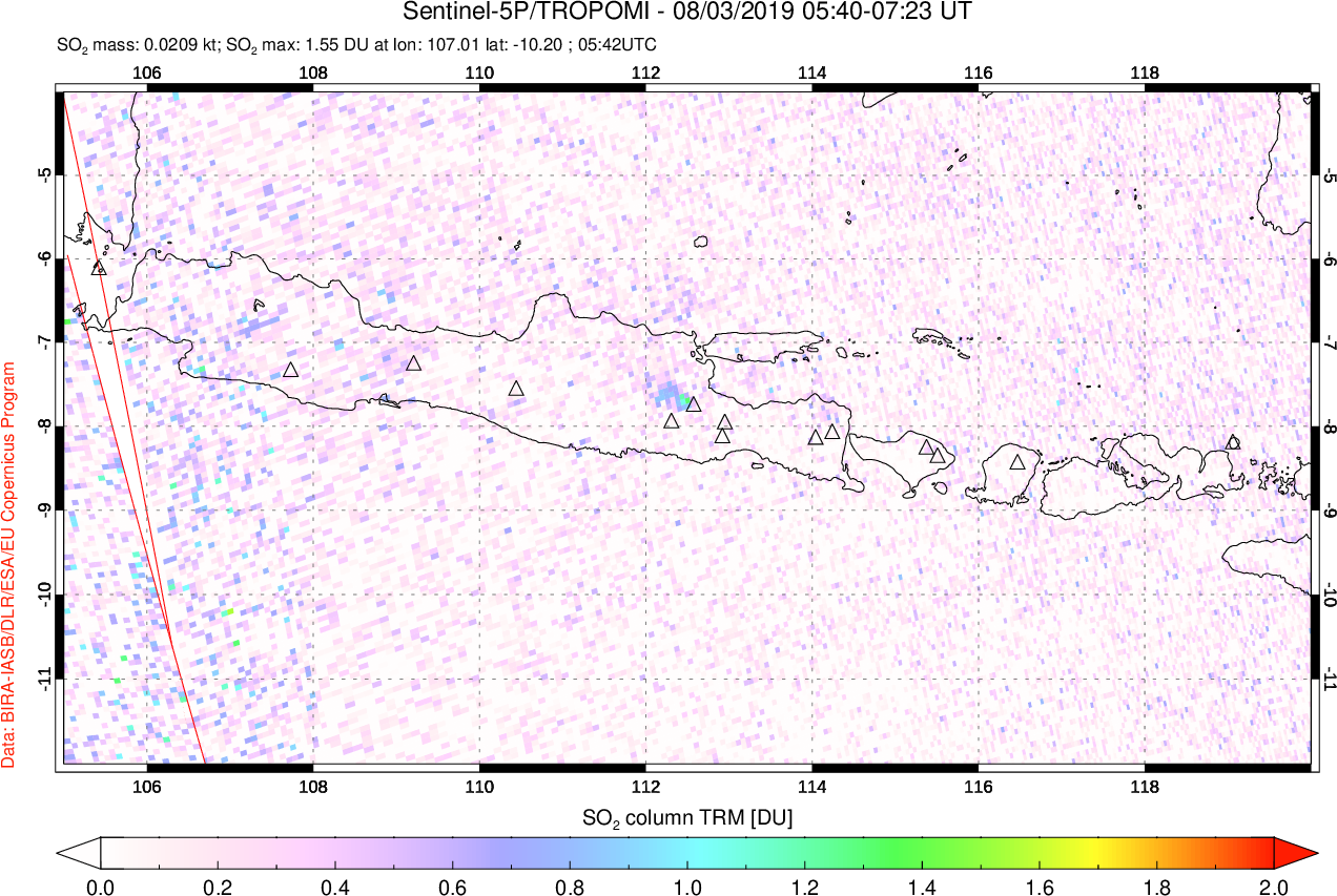 A sulfur dioxide image over Java, Indonesia on Aug 03, 2019.