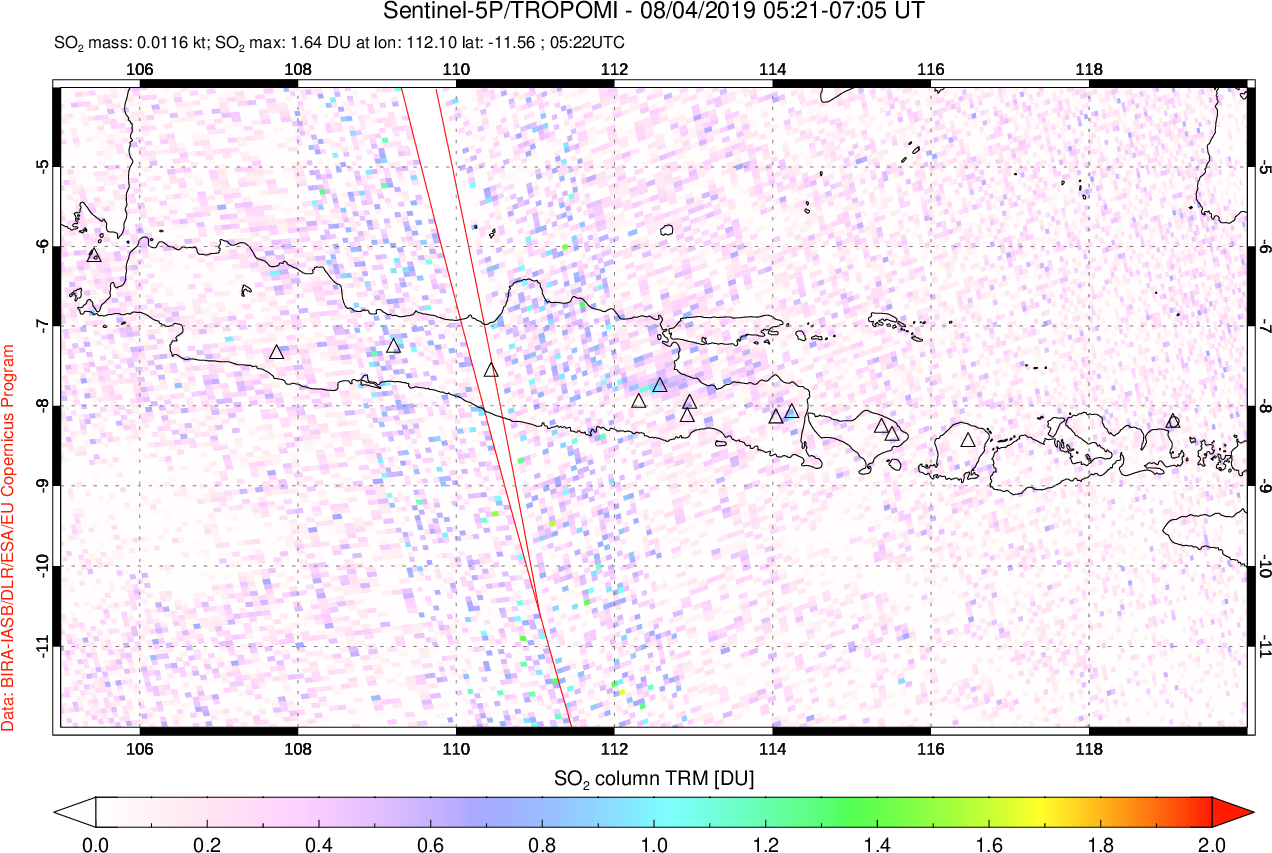 A sulfur dioxide image over Java, Indonesia on Aug 04, 2019.
