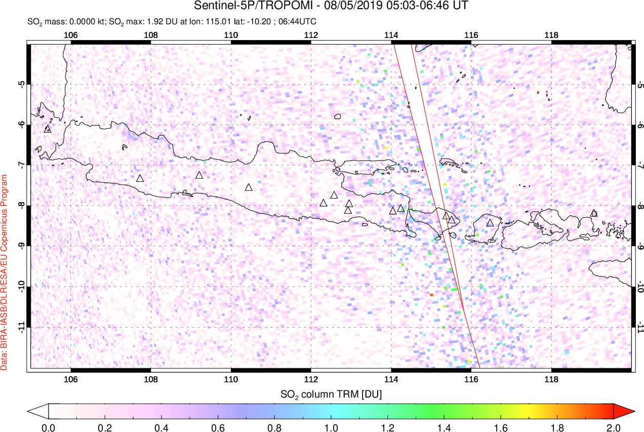A sulfur dioxide image over Java, Indonesia on Aug 05, 2019.
