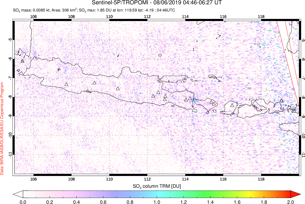 A sulfur dioxide image over Java, Indonesia on Aug 06, 2019.
