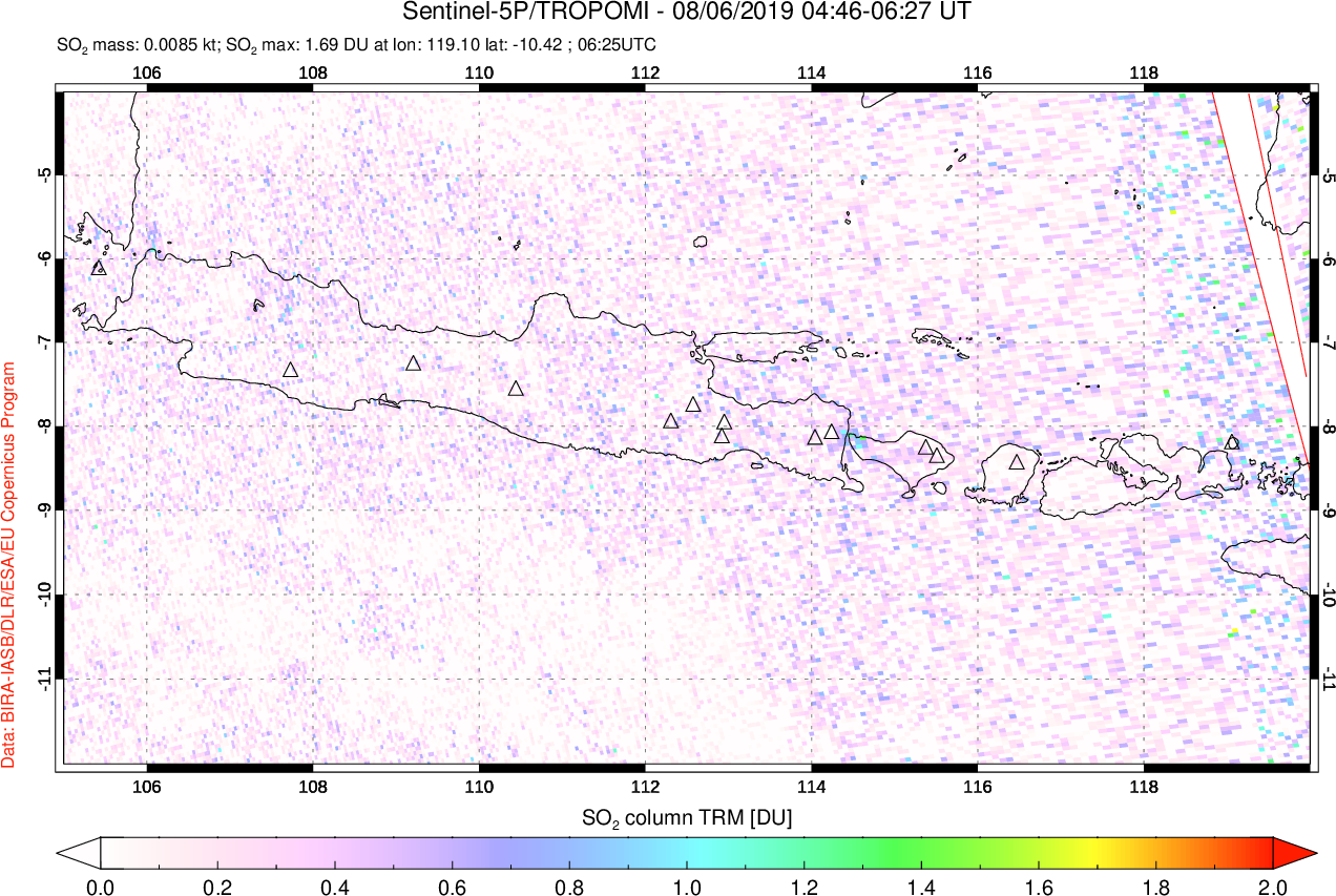 A sulfur dioxide image over Java, Indonesia on Aug 06, 2019.