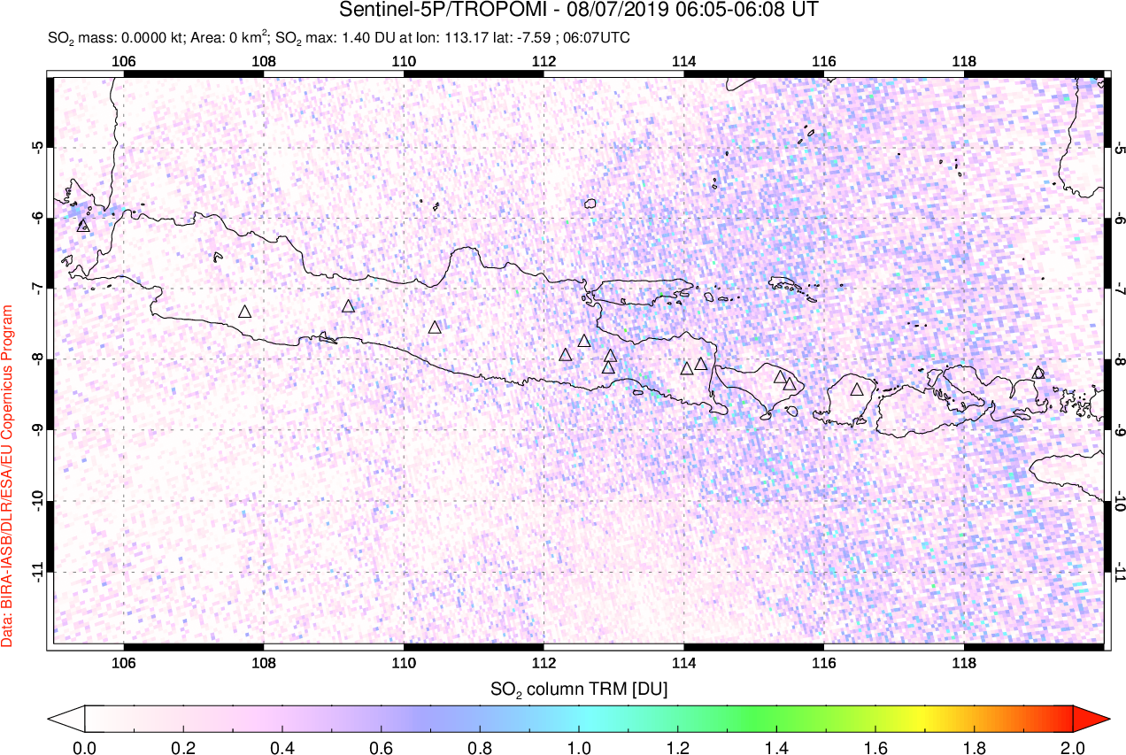 A sulfur dioxide image over Java, Indonesia on Aug 07, 2019.