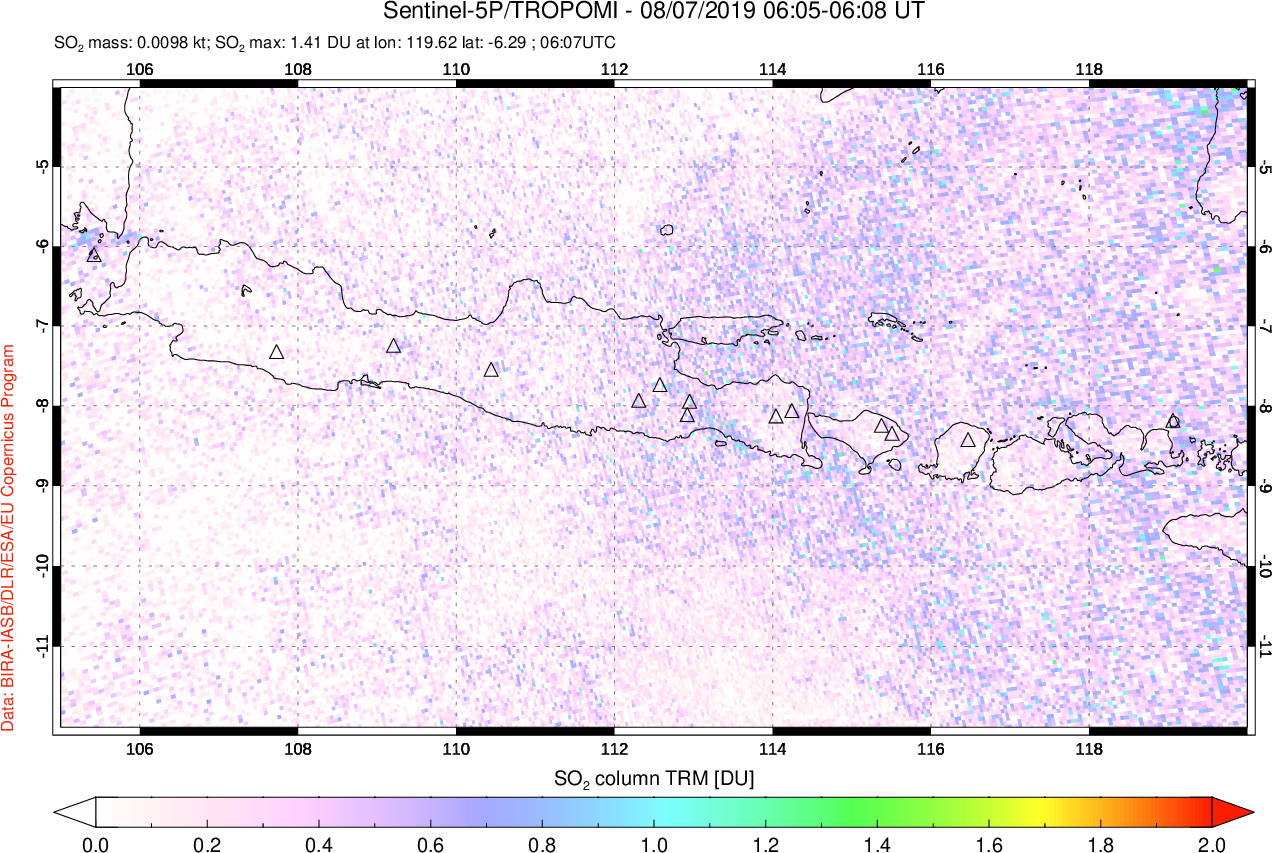 A sulfur dioxide image over Java, Indonesia on Aug 07, 2019.