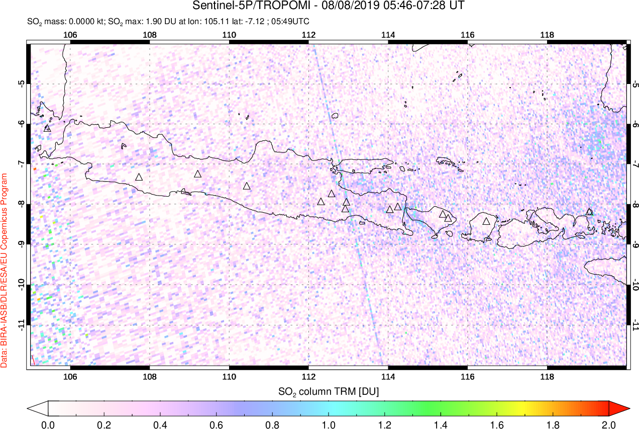A sulfur dioxide image over Java, Indonesia on Aug 08, 2019.