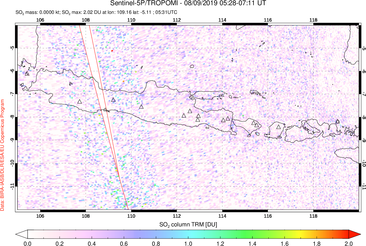 A sulfur dioxide image over Java, Indonesia on Aug 09, 2019.