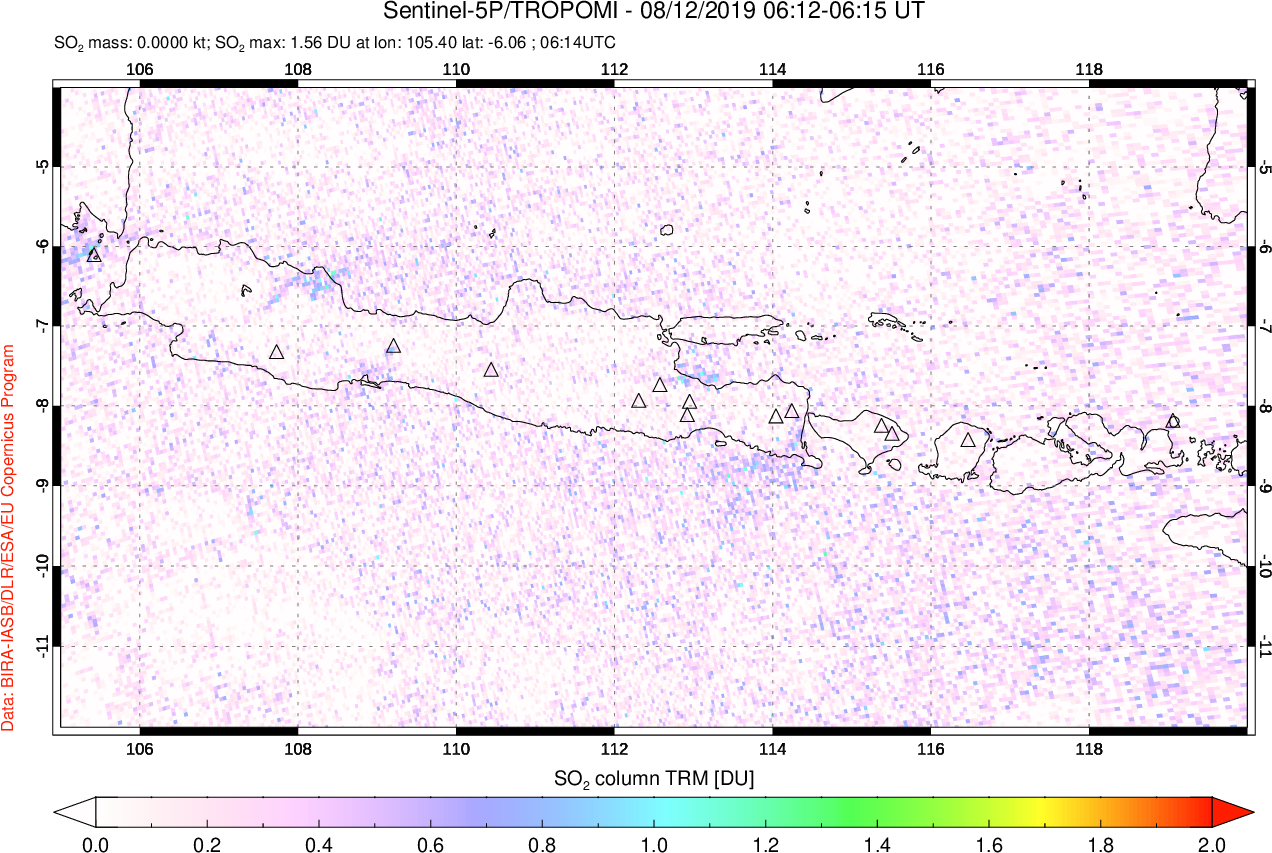 A sulfur dioxide image over Java, Indonesia on Aug 12, 2019.