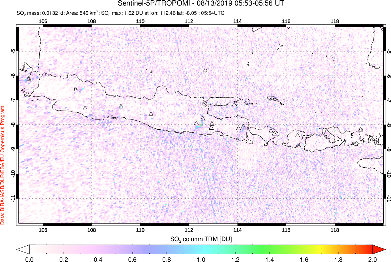 A sulfur dioxide image over Java, Indonesia on Aug 13, 2019.