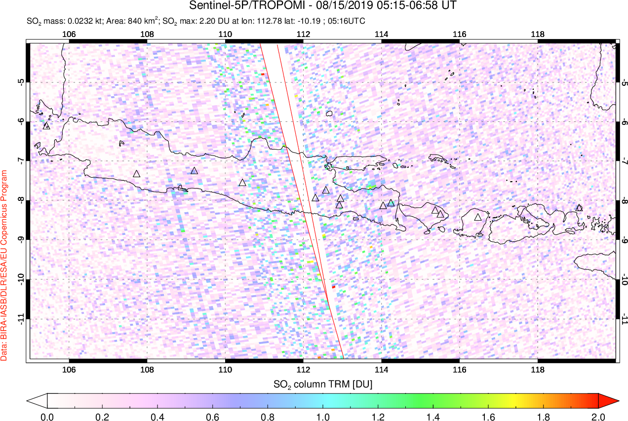 A sulfur dioxide image over Java, Indonesia on Aug 15, 2019.