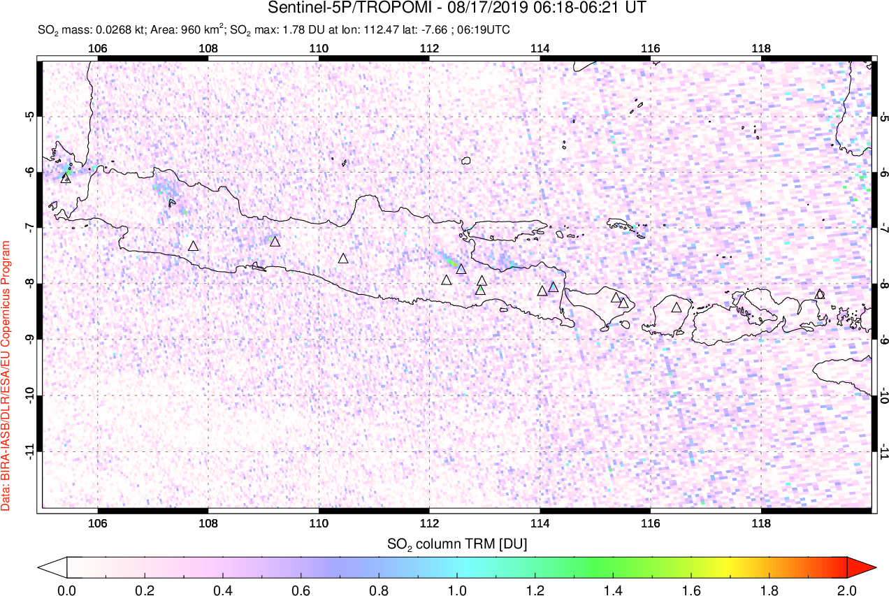 A sulfur dioxide image over Java, Indonesia on Aug 17, 2019.