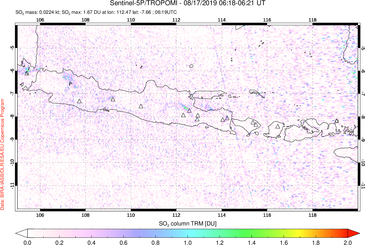 A sulfur dioxide image over Java, Indonesia on Aug 17, 2019.