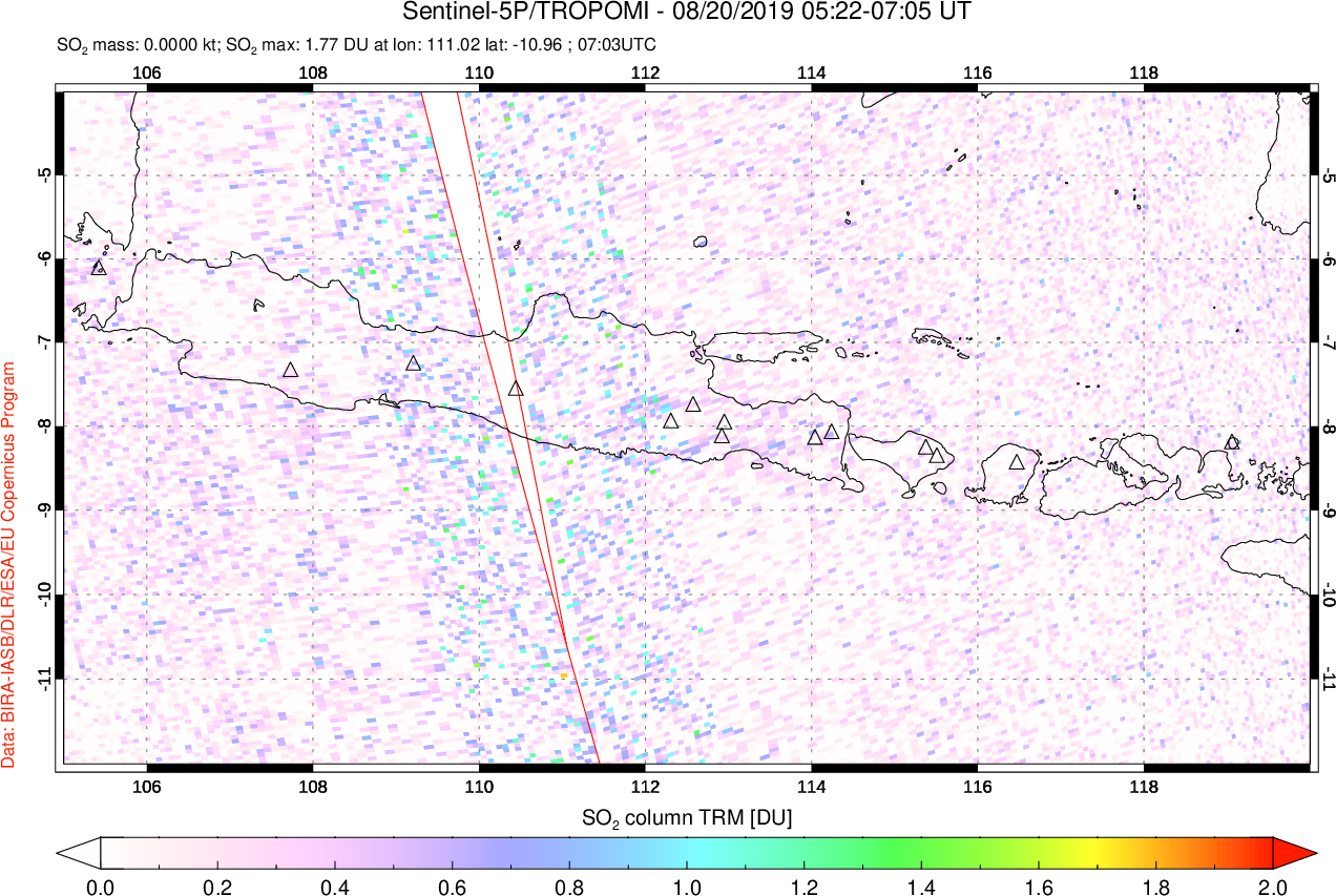 A sulfur dioxide image over Java, Indonesia on Aug 20, 2019.
