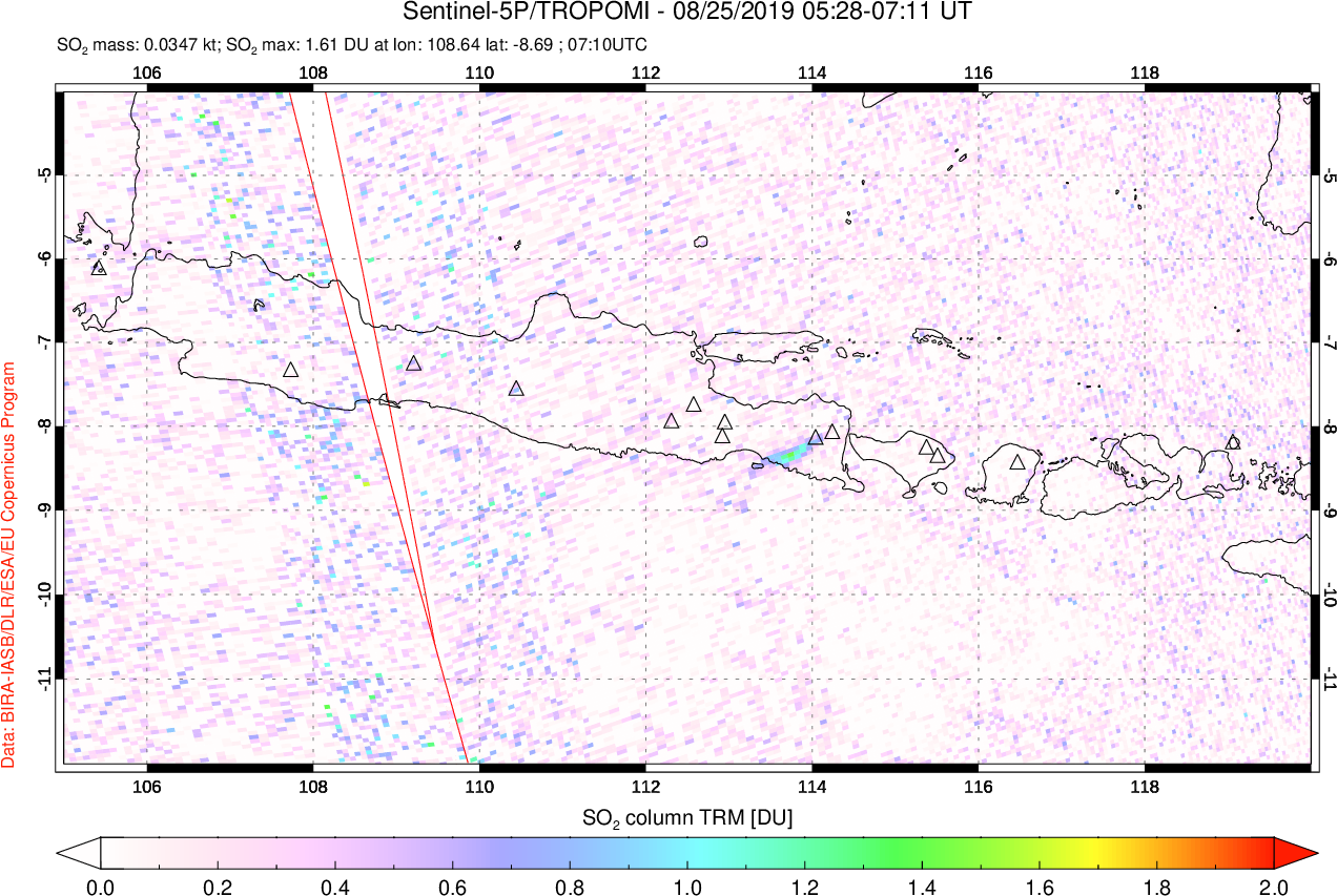 A sulfur dioxide image over Java, Indonesia on Aug 25, 2019.