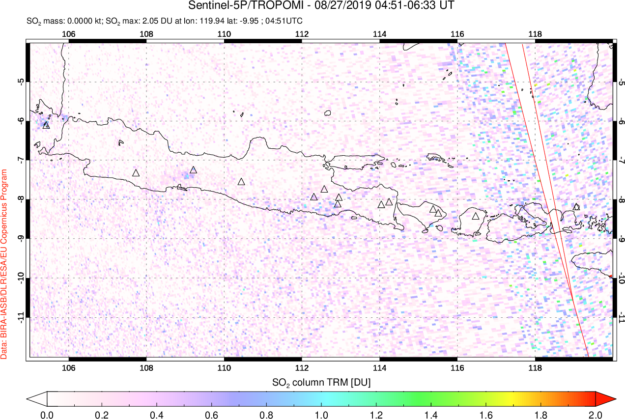 A sulfur dioxide image over Java, Indonesia on Aug 27, 2019.