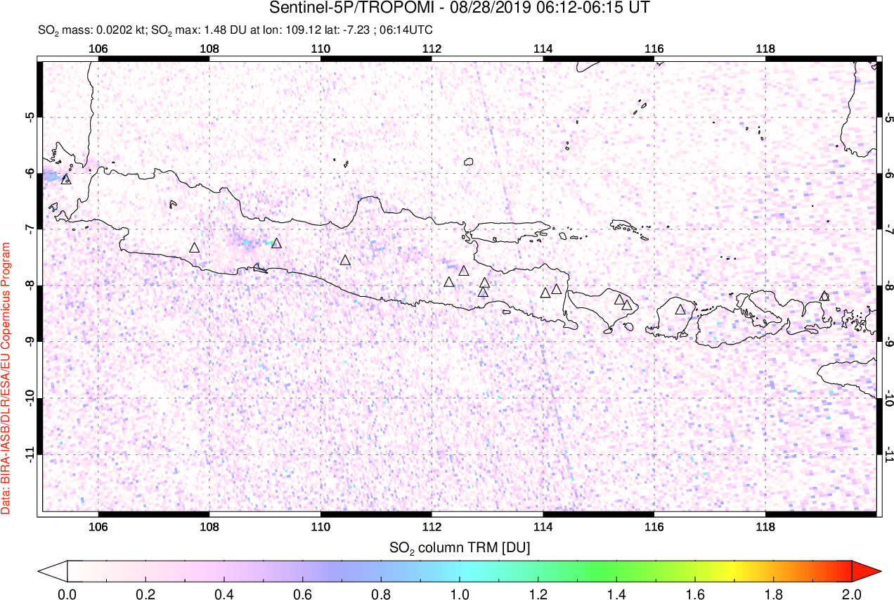 A sulfur dioxide image over Java, Indonesia on Aug 28, 2019.