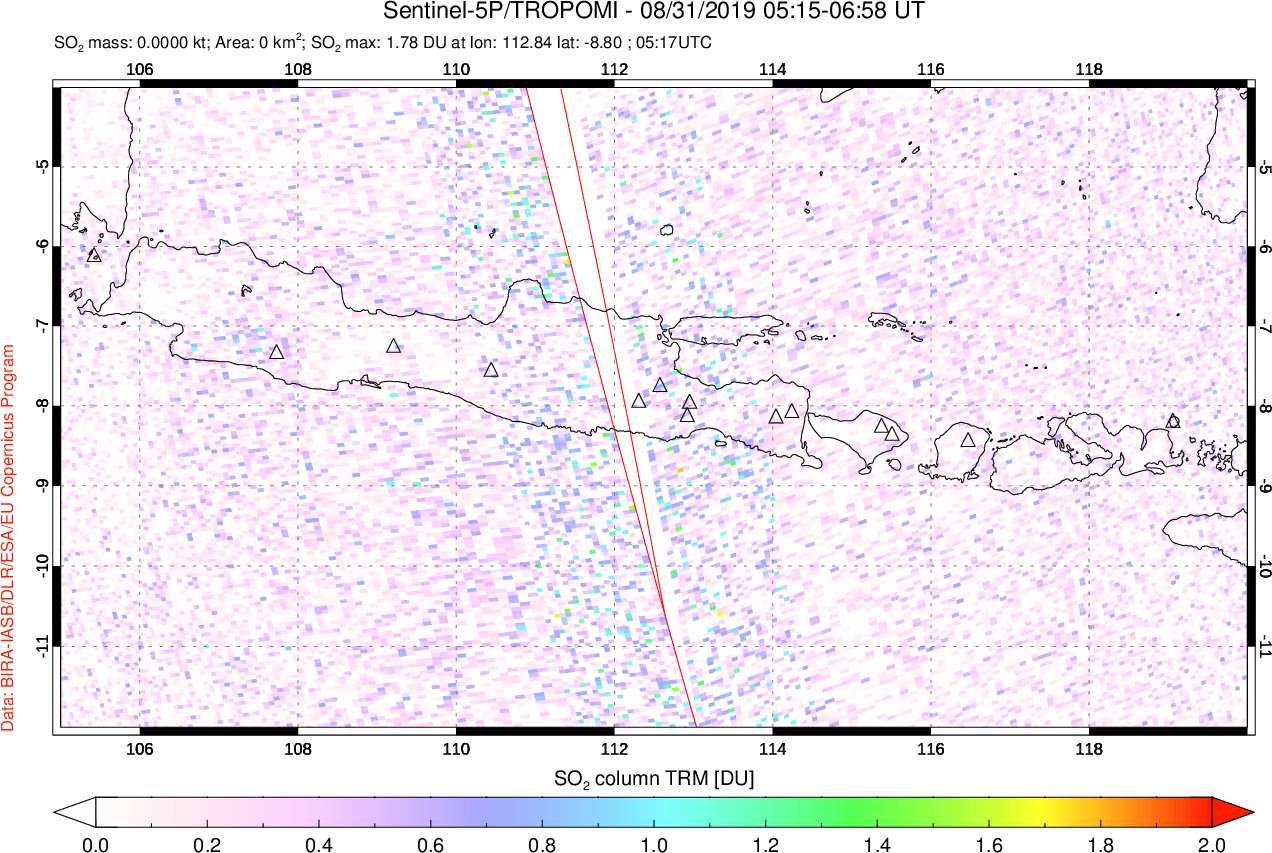 A sulfur dioxide image over Java, Indonesia on Aug 31, 2019.