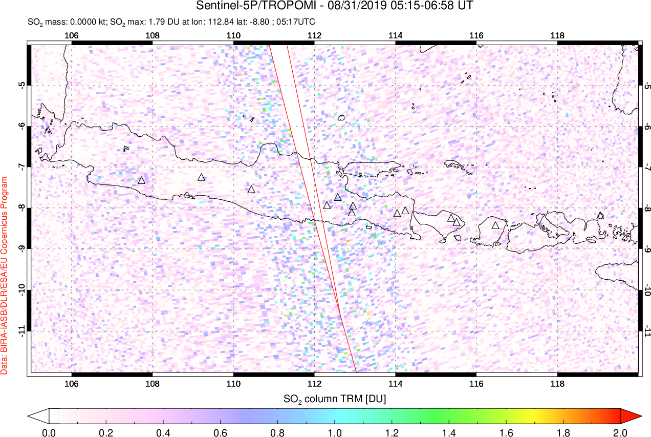 A sulfur dioxide image over Java, Indonesia on Aug 31, 2019.