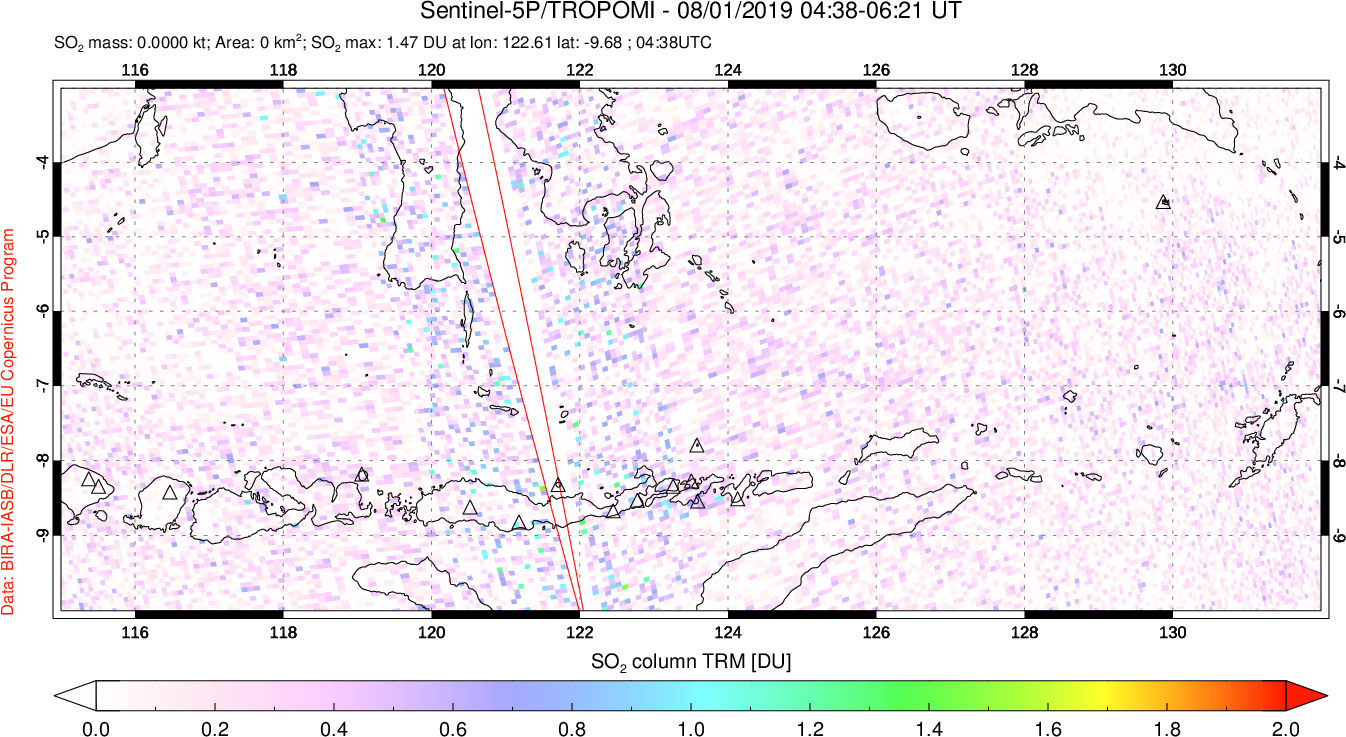 A sulfur dioxide image over Lesser Sunda Islands, Indonesia on Aug 01, 2019.
