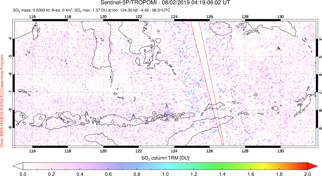 A sulfur dioxide image over Lesser Sunda Islands, Indonesia on Aug 02, 2019.