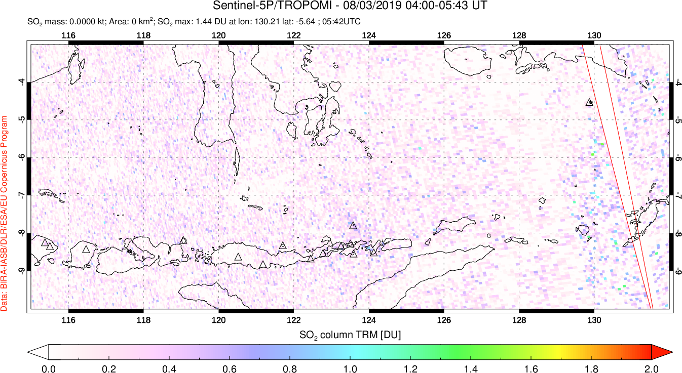 A sulfur dioxide image over Lesser Sunda Islands, Indonesia on Aug 03, 2019.
