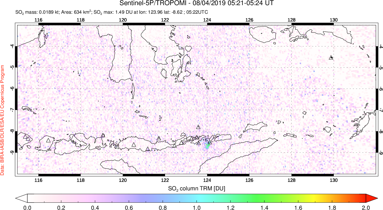 A sulfur dioxide image over Lesser Sunda Islands, Indonesia on Aug 04, 2019.