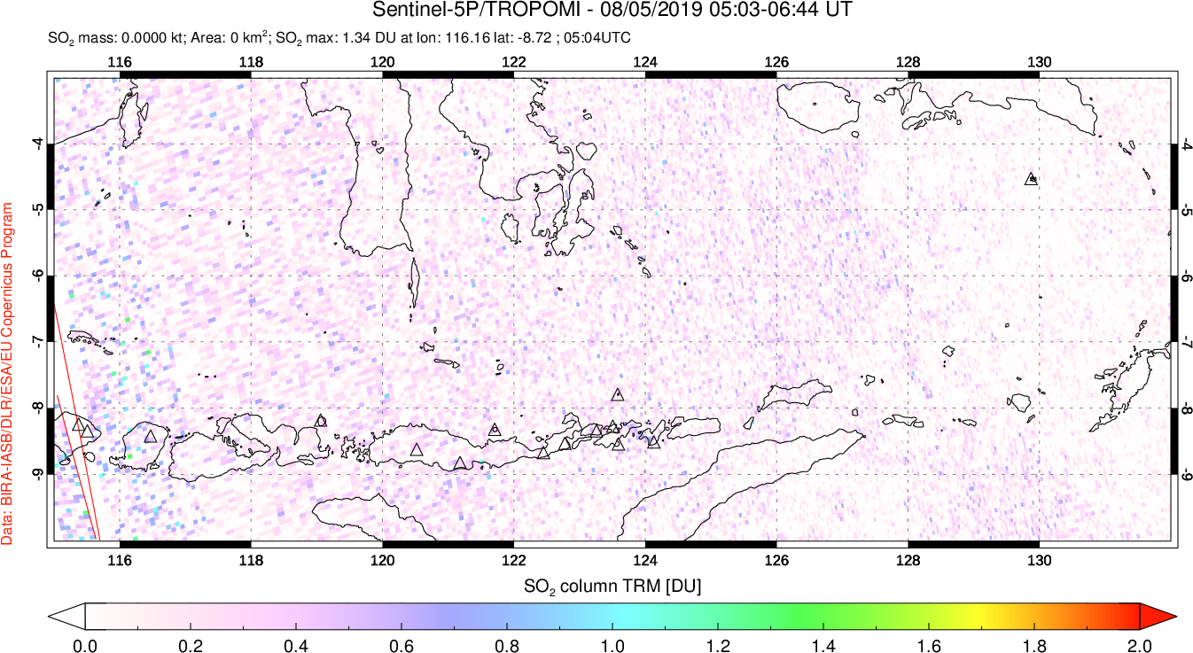 A sulfur dioxide image over Lesser Sunda Islands, Indonesia on Aug 05, 2019.