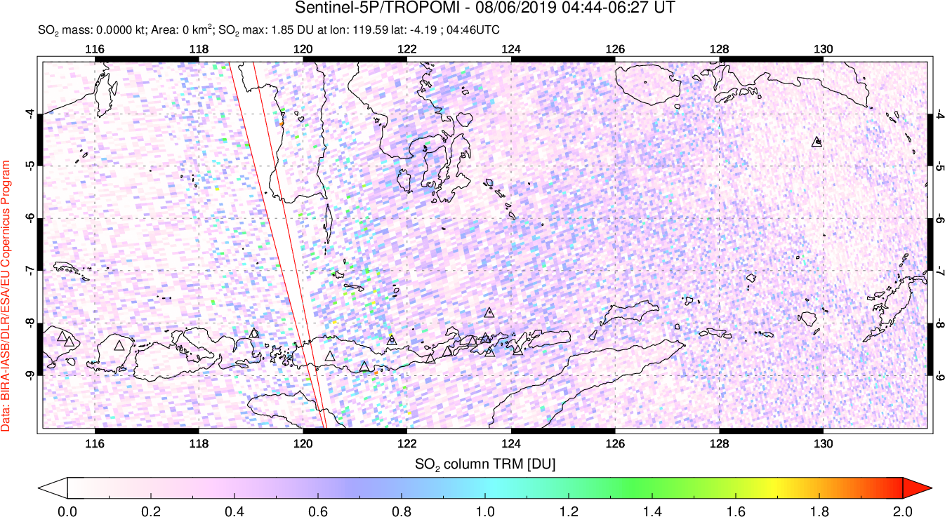 A sulfur dioxide image over Lesser Sunda Islands, Indonesia on Aug 06, 2019.