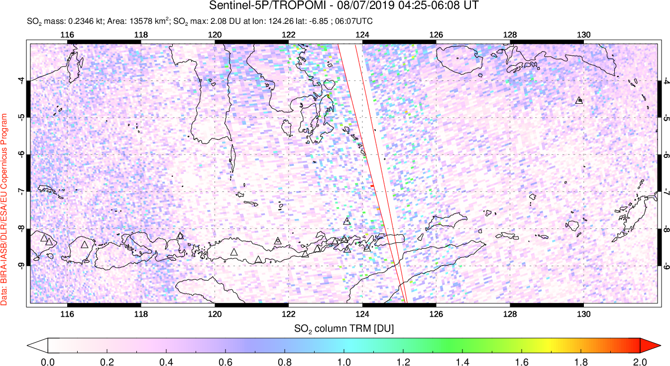 A sulfur dioxide image over Lesser Sunda Islands, Indonesia on Aug 07, 2019.