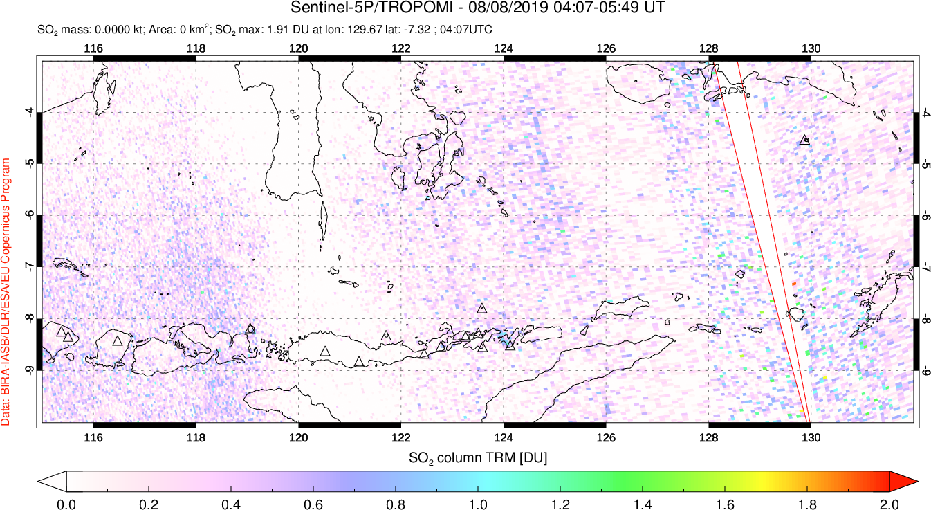 A sulfur dioxide image over Lesser Sunda Islands, Indonesia on Aug 08, 2019.