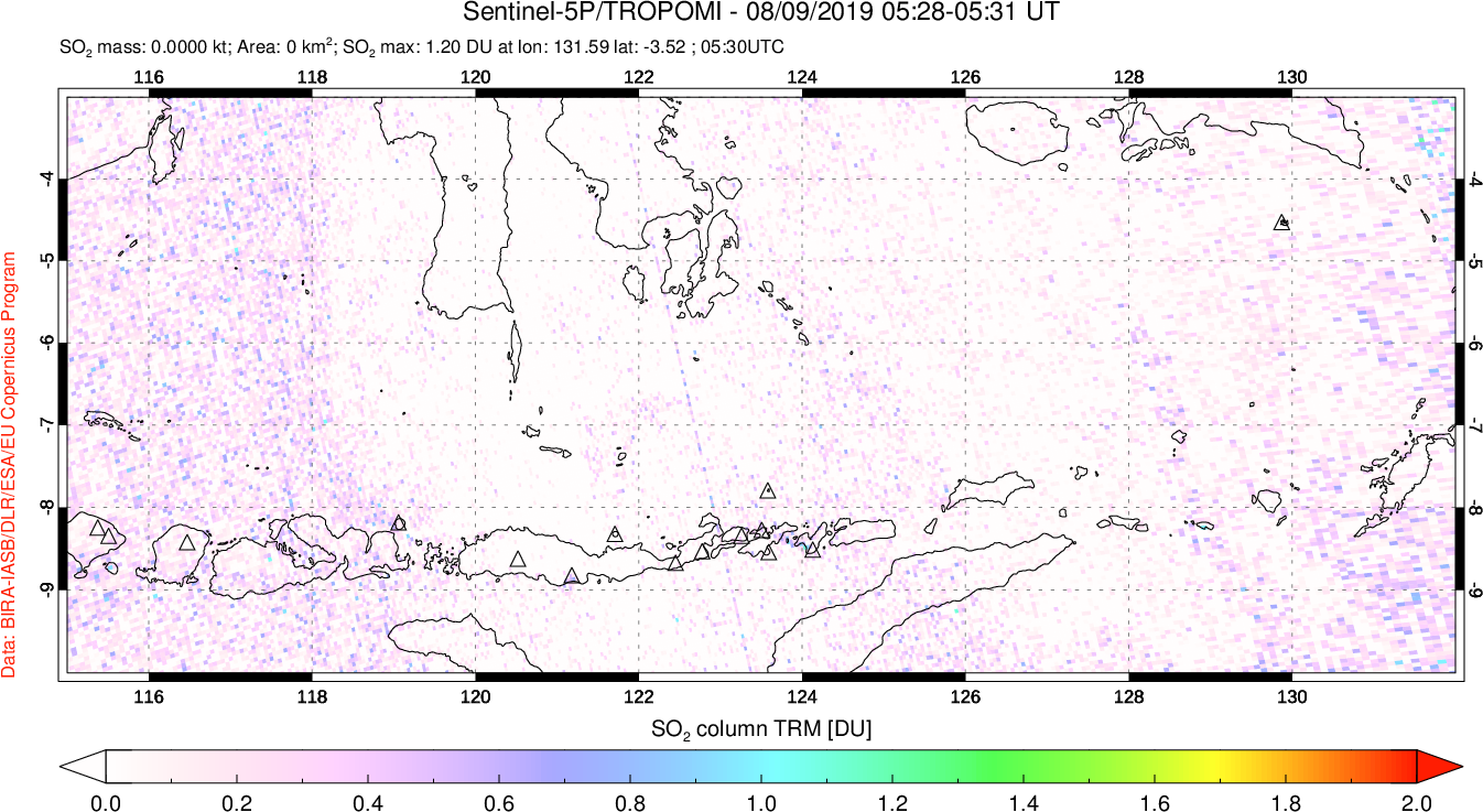 A sulfur dioxide image over Lesser Sunda Islands, Indonesia on Aug 09, 2019.