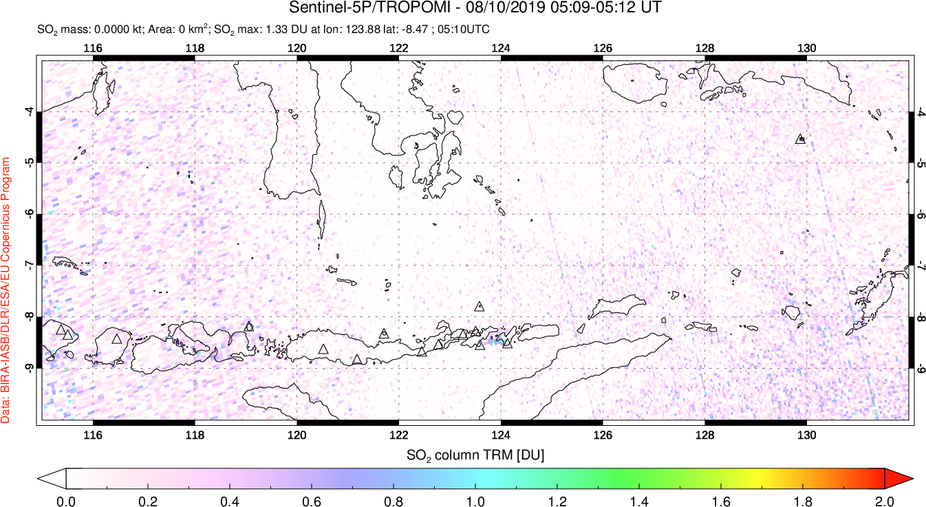 A sulfur dioxide image over Lesser Sunda Islands, Indonesia on Aug 10, 2019.