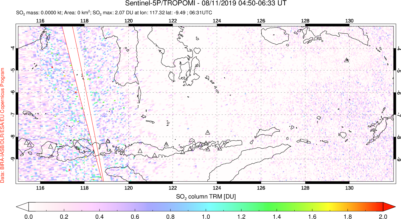 A sulfur dioxide image over Lesser Sunda Islands, Indonesia on Aug 11, 2019.