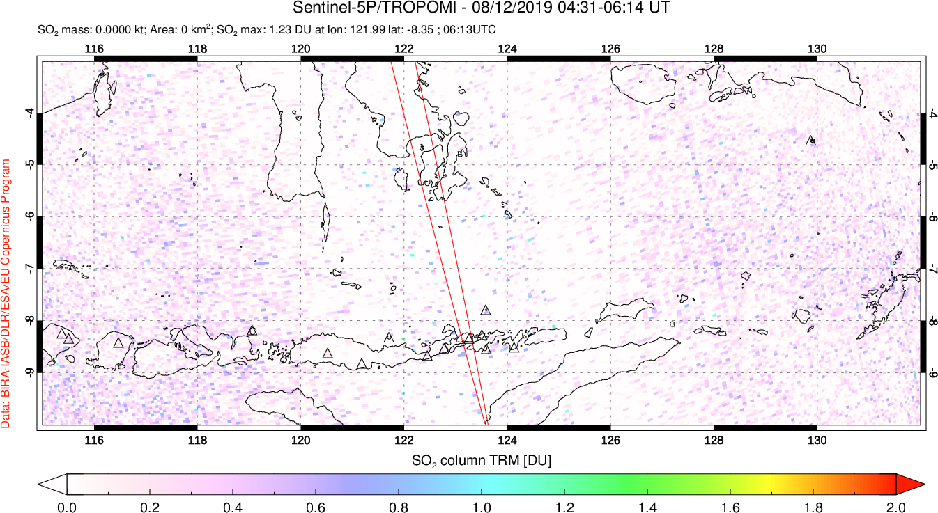 A sulfur dioxide image over Lesser Sunda Islands, Indonesia on Aug 12, 2019.
