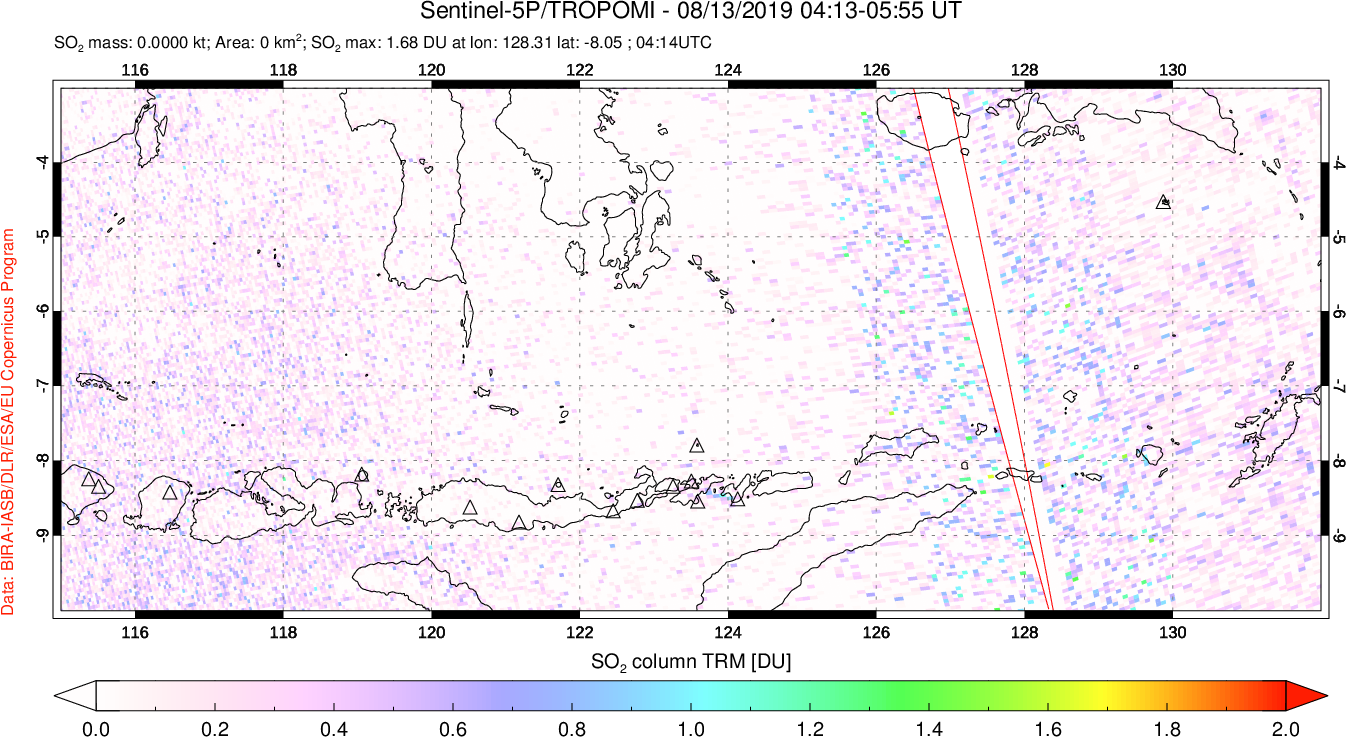 A sulfur dioxide image over Lesser Sunda Islands, Indonesia on Aug 13, 2019.