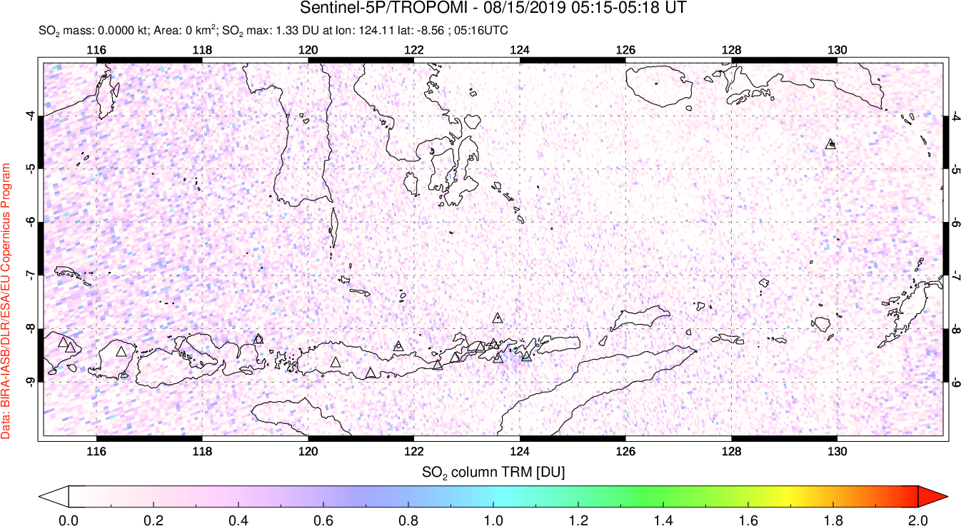 A sulfur dioxide image over Lesser Sunda Islands, Indonesia on Aug 15, 2019.