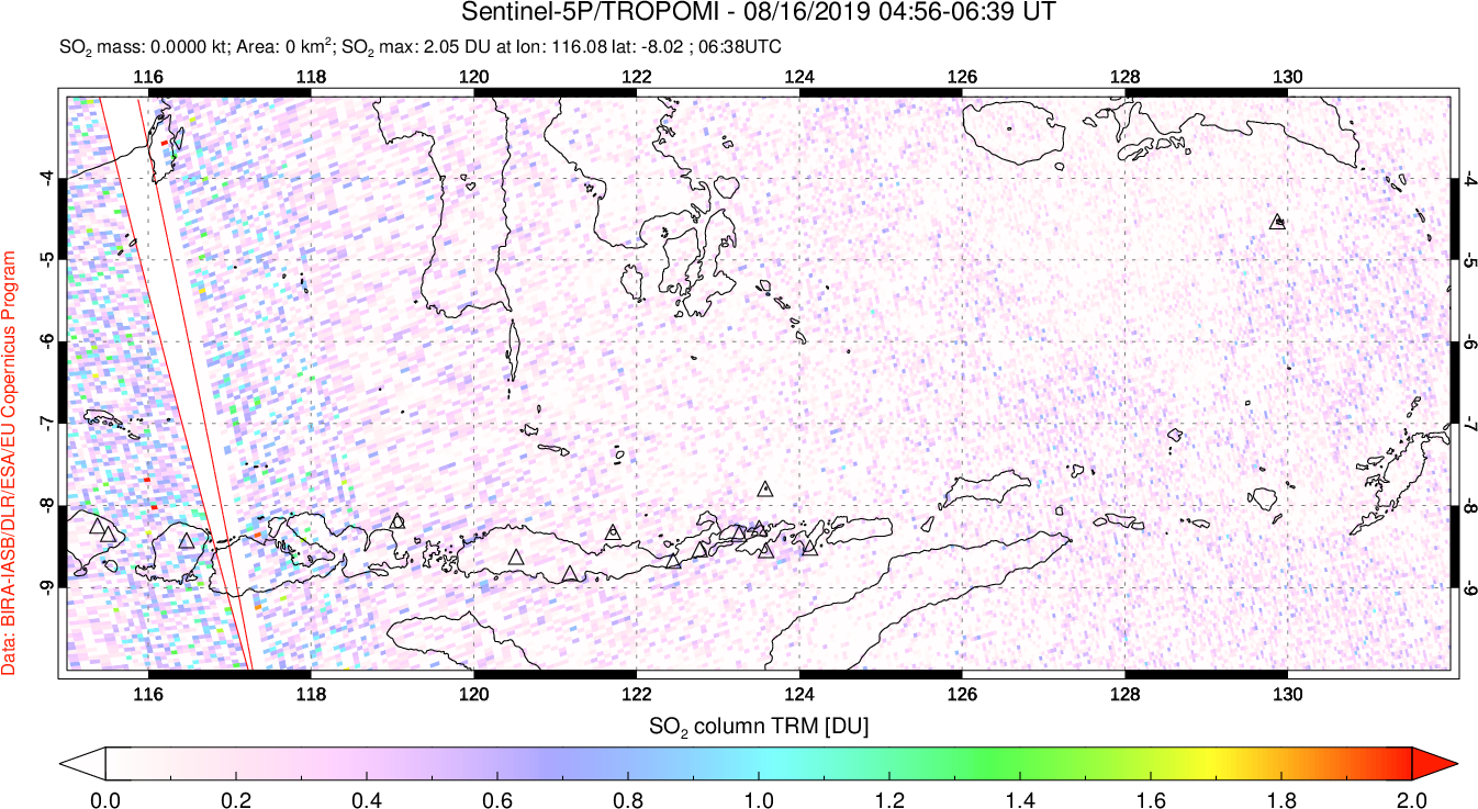 A sulfur dioxide image over Lesser Sunda Islands, Indonesia on Aug 16, 2019.