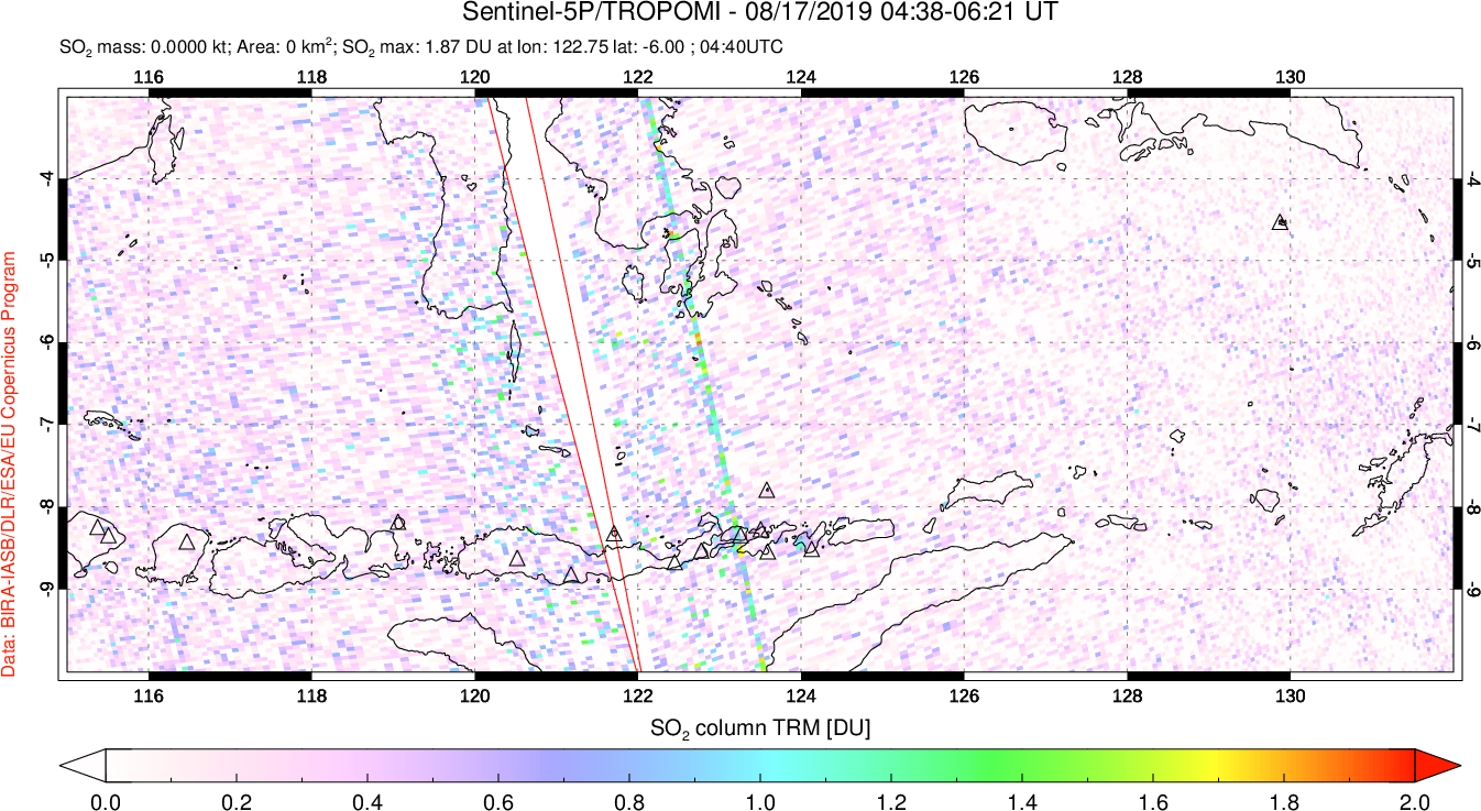 A sulfur dioxide image over Lesser Sunda Islands, Indonesia on Aug 17, 2019.
