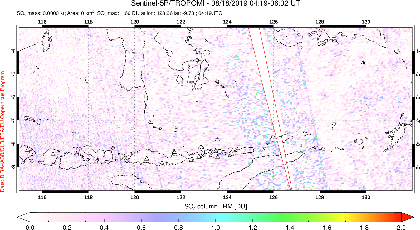 A sulfur dioxide image over Lesser Sunda Islands, Indonesia on Aug 18, 2019.
