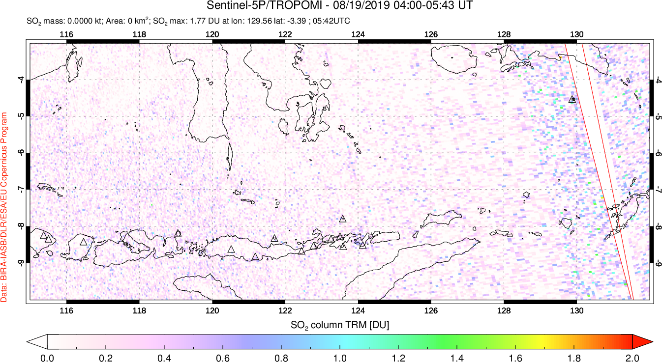 A sulfur dioxide image over Lesser Sunda Islands, Indonesia on Aug 19, 2019.
