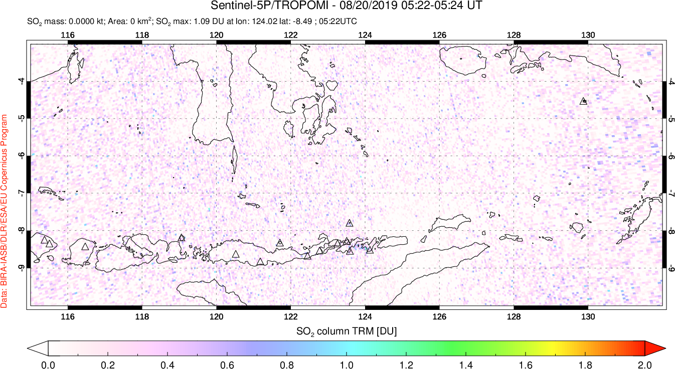 A sulfur dioxide image over Lesser Sunda Islands, Indonesia on Aug 20, 2019.