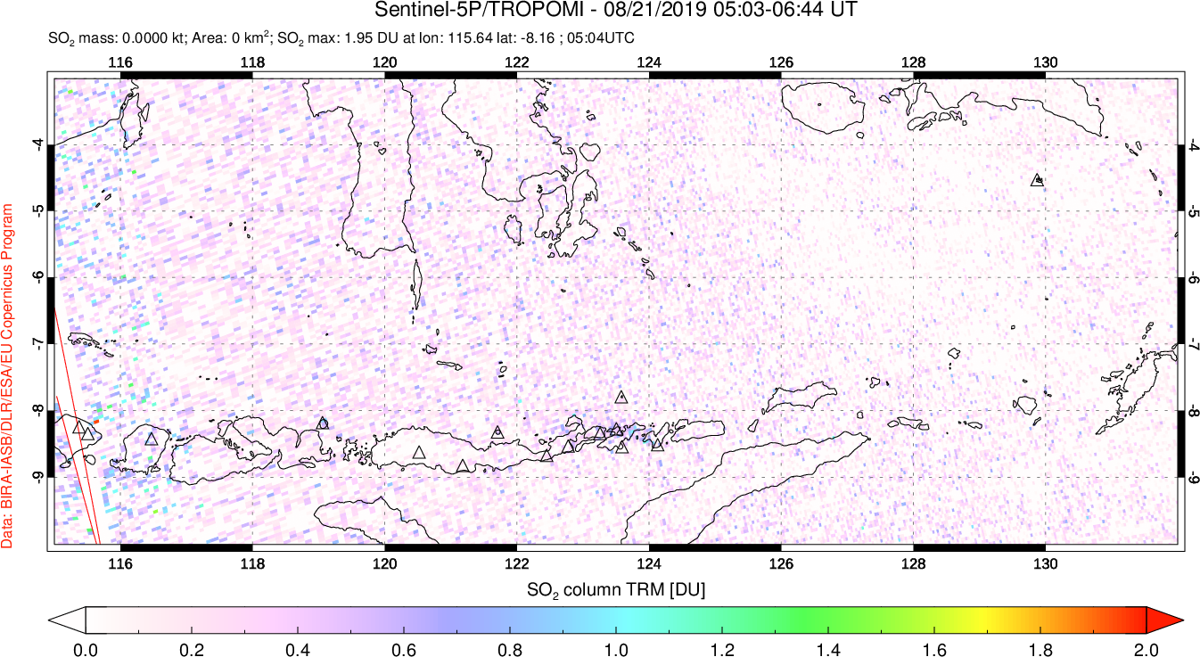 A sulfur dioxide image over Lesser Sunda Islands, Indonesia on Aug 21, 2019.