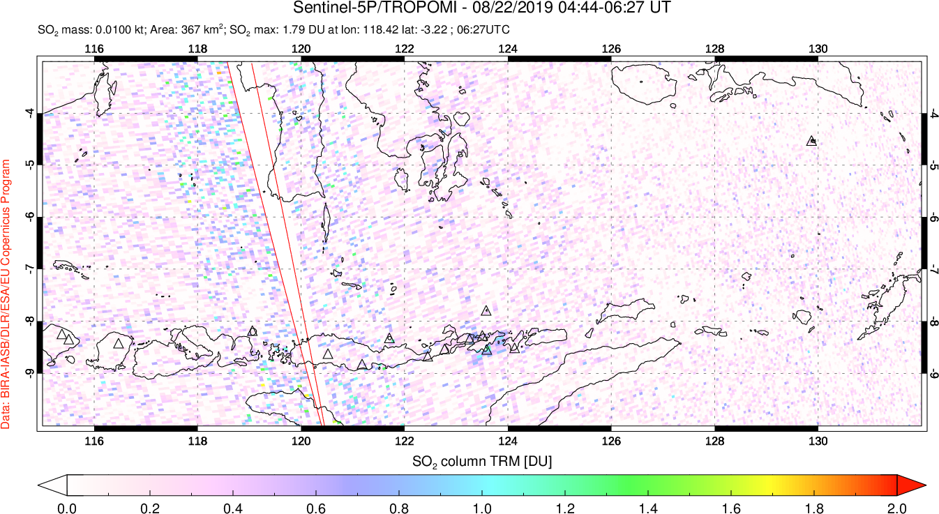 A sulfur dioxide image over Lesser Sunda Islands, Indonesia on Aug 22, 2019.