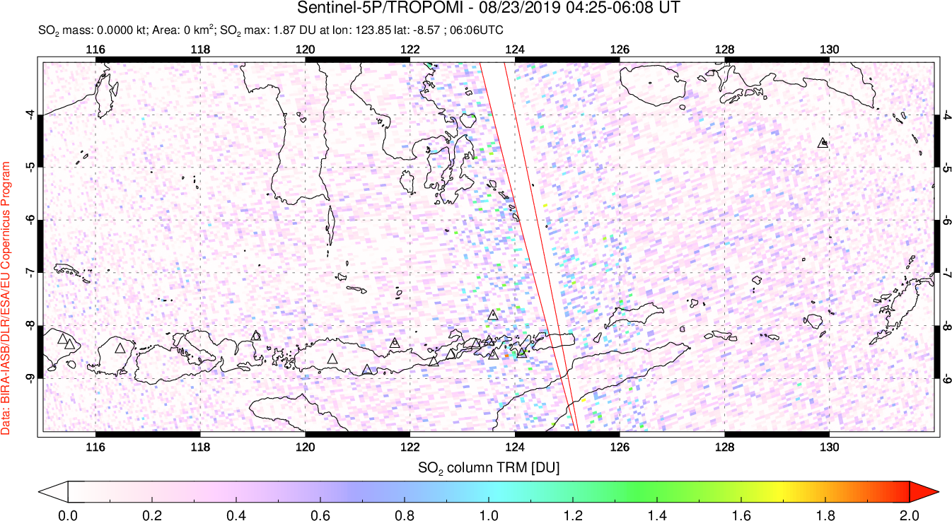 A sulfur dioxide image over Lesser Sunda Islands, Indonesia on Aug 23, 2019.