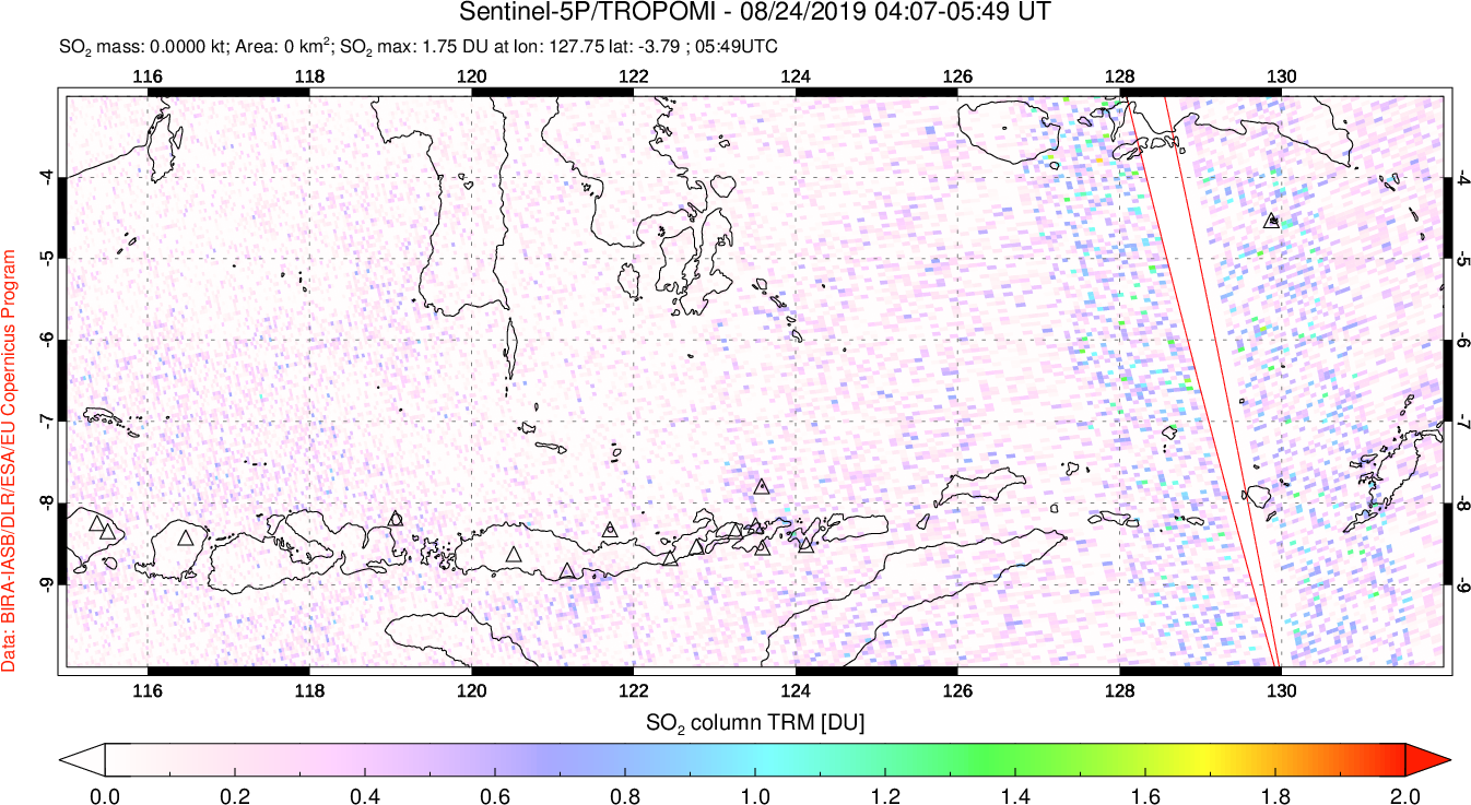 A sulfur dioxide image over Lesser Sunda Islands, Indonesia on Aug 24, 2019.